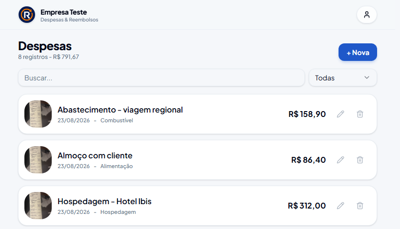 Lista de despesas do Reembo com comprovante, categoria, quilometragem e valor