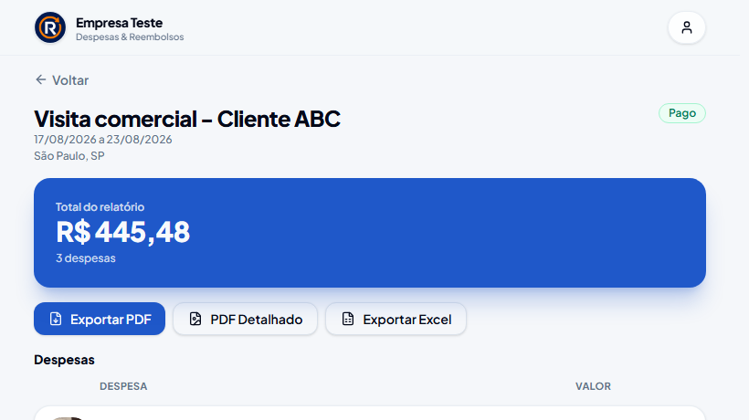Relatório de despesas aprovado no Reembo com exportação em PDF detalhado e Excel